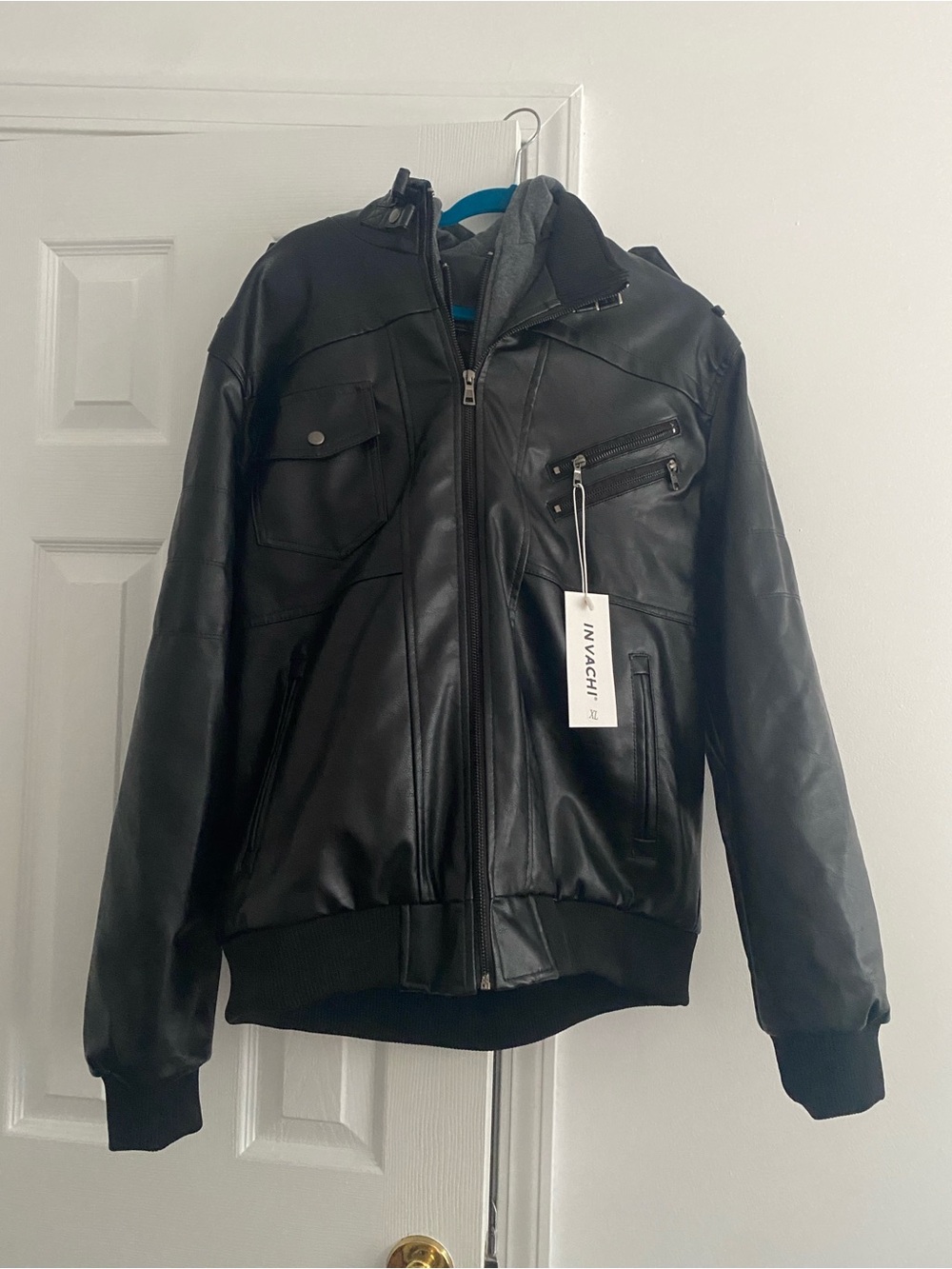 Black Men's Faux Leather Bomber Jacket with Hood